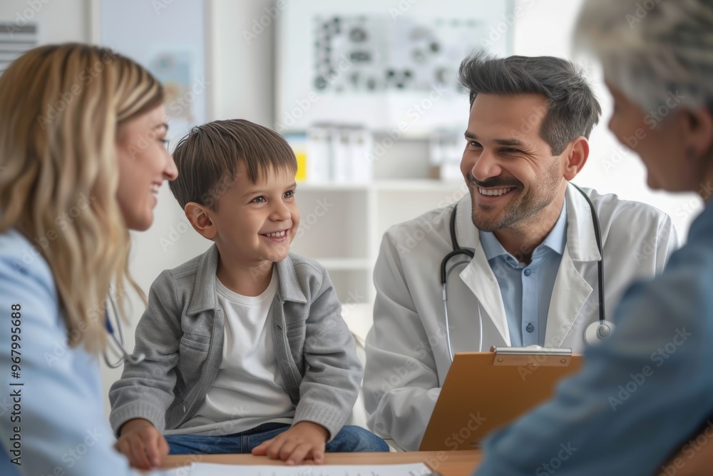 Pediatrician Consulting with Young Child and Parents in Bright Modern Medical Office Pediatrician Consulting with Young Child and Parents in Bright Modern Medical Office