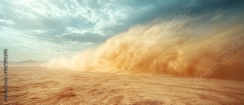 Windstorm Blowing Sand Across Arid Desert Landscape with Harsh Weather and Intense Wind   Photography Concept with Copy Space for Text