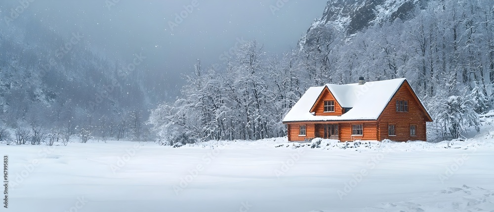 Picturesque mountain cabin nestled in a snow covered forest surrounded by a fierce blizzard and harsh winter weather The cozy wooden structure stands as a serene haven amidst the frozen Picturesque mountain cabin nestled in a snow covered forest surrounded by a fierce blizzard and harsh winter weather The cozy wooden structure stands as a serene haven amidst the frozen