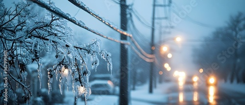 Dramatic frozen winter landscape with a layer of ice covering trees and power lines creating a hazardous yet beautiful scene at dusk in the city