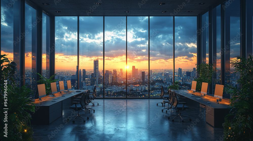 Fototapeta premium Modern office space with a stunning city sunset view.