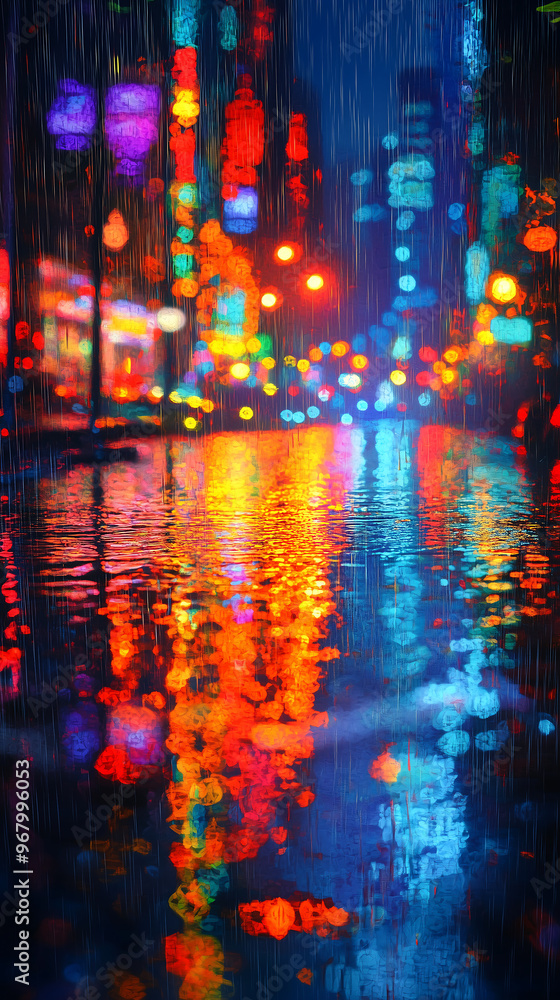 Fototapeta premium Reflections of vibrant city lights on rain soaked street urban night scene glowing neon colors abstract rainy atmosphere with wet reflections and colorful bokeh effects
