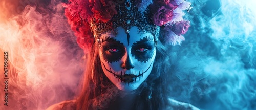 Haunting Egyptian Queen s Ghost Lurking at a Dramatic Halloween Masquerade Ball with Vibrant Colors Smoke and Moody Atmosphere photo