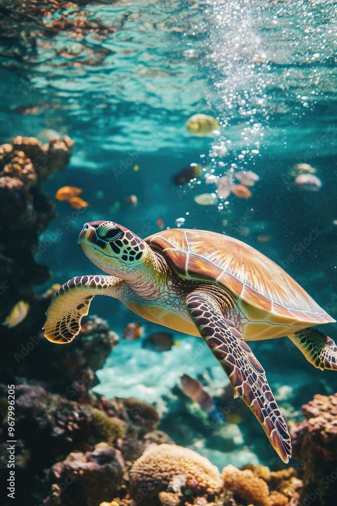 A beautiful underwater shot of a sea turtle swimming amid the coral reef ecosystem. The crystal clear ocean water is rich with marine life, including various types of fish and aquatic plants. A beautiful underwater shot of a sea turtle swimming amid the coral reef ecosystem. The crystal clear ocean water is rich with marine life, including various types of fish and aquatic plants.