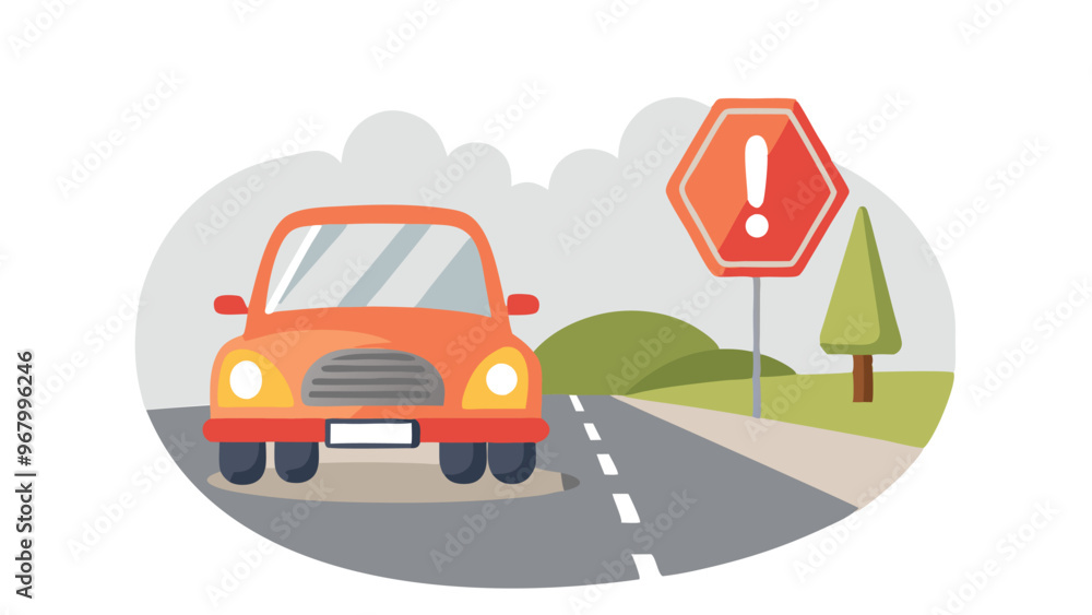 Car on the road with a stop sign, traffic safety, road regulations, and careful driving, vector illustration Car on the road with a stop sign, traffic safety, road regulations, and careful driving, vector illustration