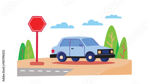 Car on the road with a stop sign, traffic safety, road regulations, and careful driving