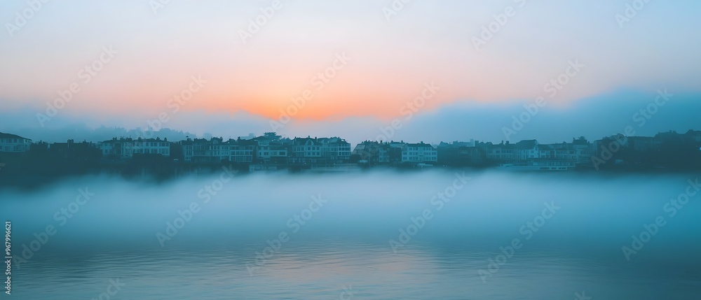 Fototapeta premium Coastal town nestled in a serene lake or bay enveloped in a dense ethereal fog at the break of dawn The buildings and skyline are shrouded in the moody atmospheric mist creating a dreamlike