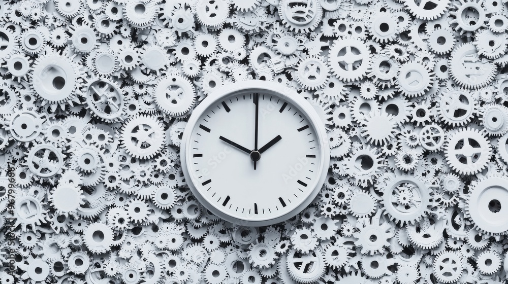 Fototapeta premium Efficient Resource Management: A clock made of gears, each gear representing different resources, turning efficiently in perfect harmony, symbolizing effective resource management