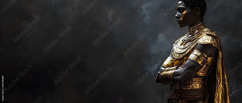 Enigmatic Egyptian Warrior in Golden Armor Stands Tall in Dramatic Halloween Costume Silhouetted against a Dark Background with a Sense of Mystique and Grandeur Enigmatic Egyptian Warrior in Golden Armor Stands Tall in Dramatic Halloween Costume Silhouetted against a Dark Background with a Sense of Mystique and Grandeur