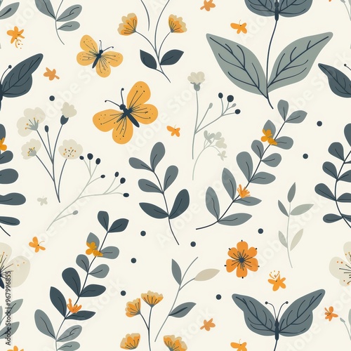 Wallpaper Mural A floral pattern with butterflies and leaves Torontodigital.ca
