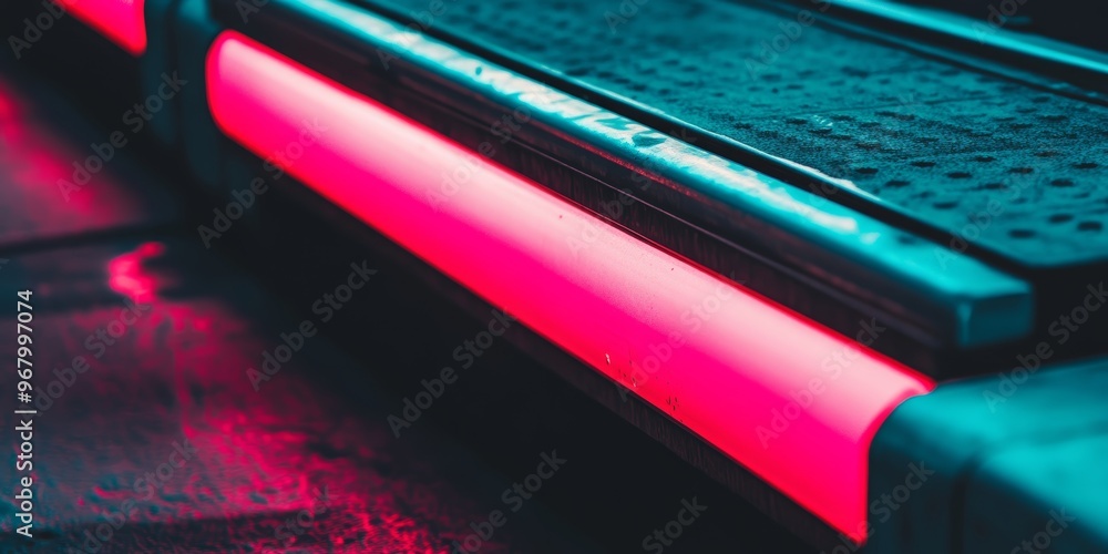 Neon lights cast a vivid glow on a textured industrial surface, creating an ambient atmosphere in the dim light Neon lights cast a vivid glow on a textured industrial surface, creating an ambient atmosphere in the dim light