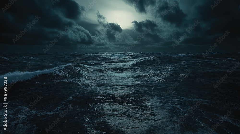 Fototapeta premium Realistic shot of a stormy ocean at night, with heavy clouds covering the sky, creating a dramatic and foreboding atmosphere, detailed waves and dark water