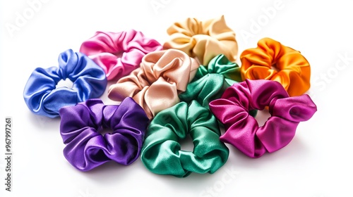 Many vibrant silk scrunchies on a white background. High-end hair salon equipment and accessories. Bobble Sports Scrunchie Hairband, Elastic HairBands, and Hair Scrunchies photo