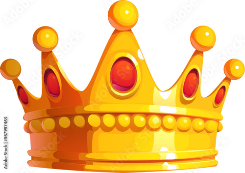 Cartoon golden king crown, adorned with red jewels, reflects themes of royalty, luxury, and power. Isolated vector regal and majestic element for king, queen, prince or princess. Fantasy game asset