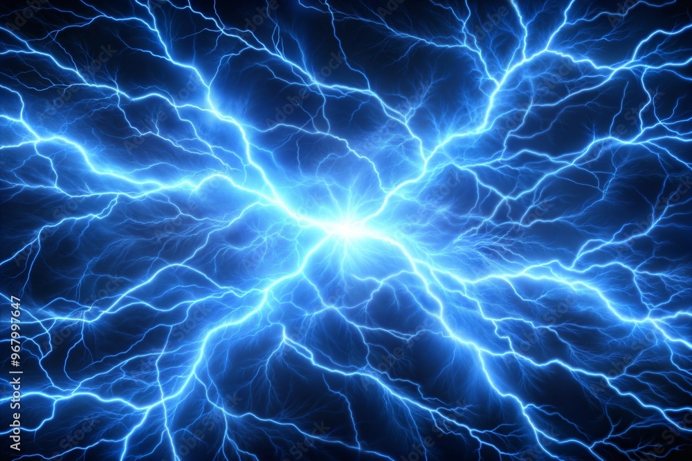 Bright blue lightning strike against dark sky Bright blue lightning strike against dark sky