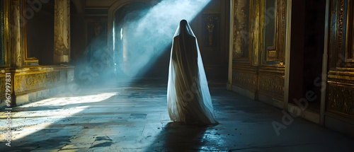 Eerie and Mysterious Image of Cleopatra s Ghostly Apparition Wandering Through a Haunted and Dimly Lit Ancient Egyptian Palace on Halloween Night Shrouded in Spooky Fog and Shadows photo