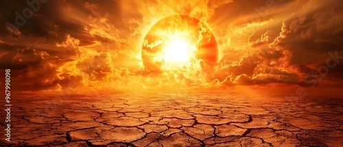 Scorching Heatwave with Blazing Sun over Cracked Parched Earth Landscape   Intense Dramatic Extreme Weather Concept with Copy Space