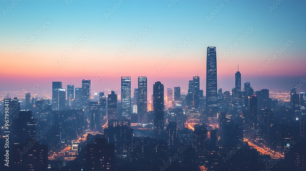 Cityscape at Dawn with Tall Skyscrapers and Hazy Atmosphere Cityscape at Dawn with Tall Skyscrapers and Hazy Atmosphere
