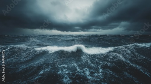 Stormy sea, the horizon barely visible under thick grey clouds in the midnight sky, with waves crashing in a moody, dramatic scene, sharp focus on water textures