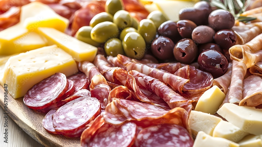 A close-up of a delicious charcuterie board with a variety of cured meats, cheeses, and olives A close-up of a delicious charcuterie board with a variety of cured meats, cheeses, and olives