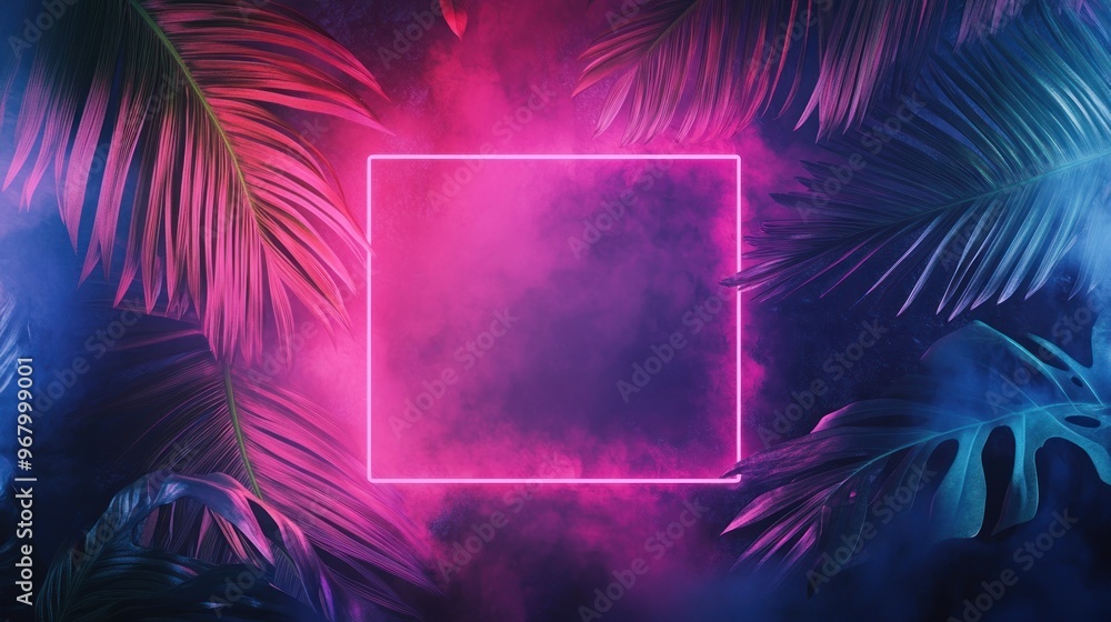 Neon Pink Square Light Surrounded by Tropical Leaves and Smoke Neon Pink Square Light Surrounded by Tropical Leaves and Smoke
