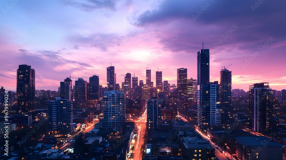 Fototapeta premium Cityscape at Dusk with a Purple and Pink Sky