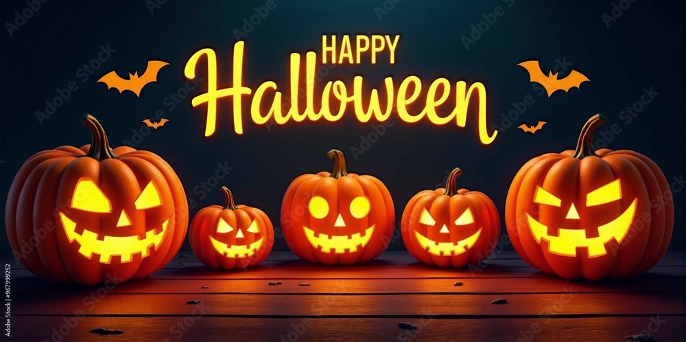 A creative Halloween composition with glowing jack-o’-lantern faces, bats, text Happy Halloween whimsical font. The dark background enhances the eerie glow A creative Halloween composition with glowing jack-o’-lantern faces, bats, text Happy Halloween whimsical font. The dark background enhances the eerie glow
