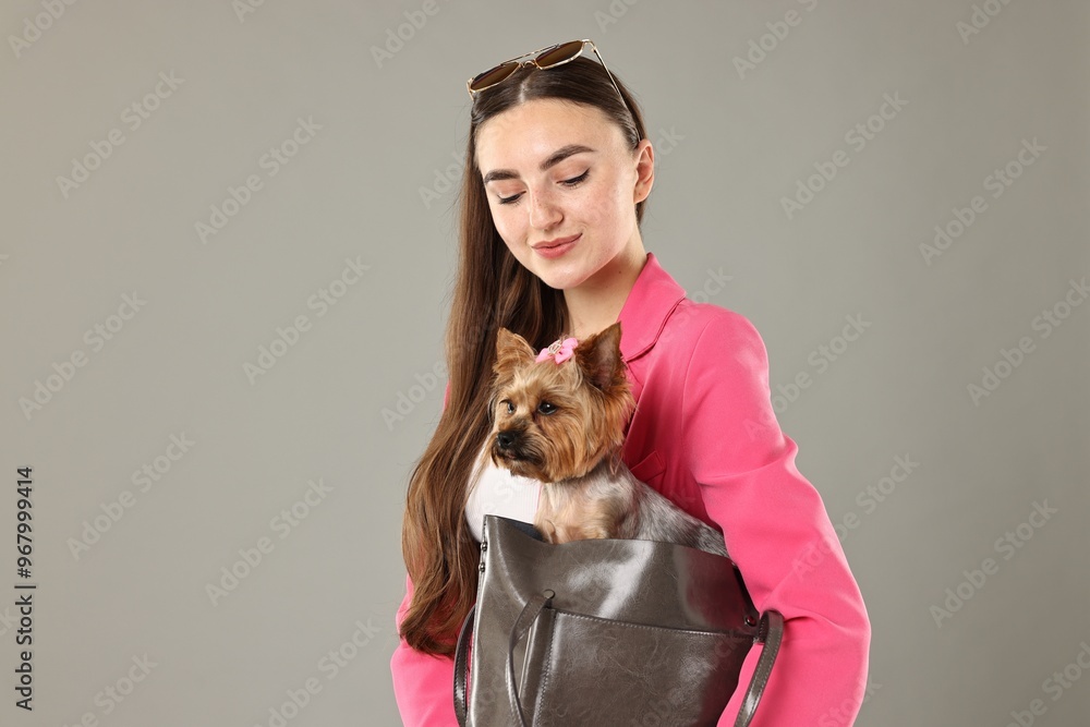 Beautiful young woman carrying cute Yorkshire Terrier dog in bag on grey background