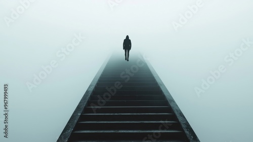 Fading Staircase: A person climbing a staircase that gradually fades into the mist, symbolizing the feeling of moving forward without seeing a clear end