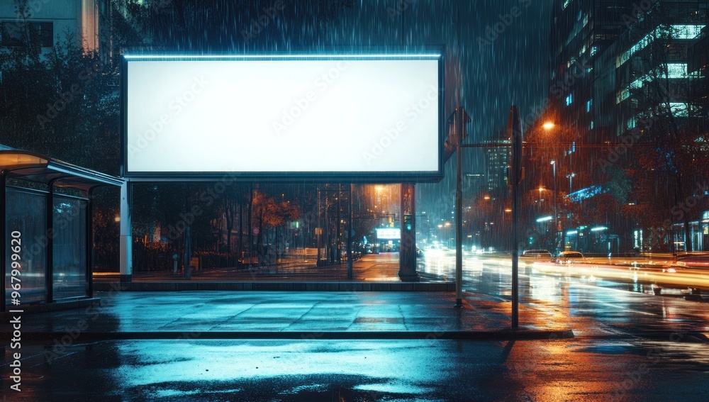 Blank Billboard in a Rainy Cityscape Blank Billboard in a Rainy Cityscape
