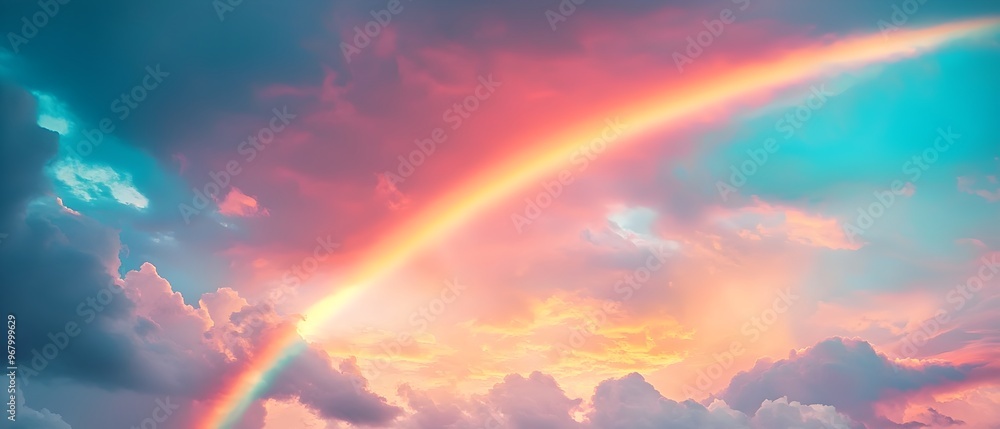 Spectacular rainbow arching across a cloudy dramatic sky after a rainstorm creating a beautiful colorful weather phenomenon with vivid vibrant hues Tranquil serene landscape scene with copy space Spectacular rainbow arching across a cloudy dramatic sky after a rainstorm creating a beautiful colorful weather phenomenon with vivid vibrant hues Tranquil serene landscape scene with copy space