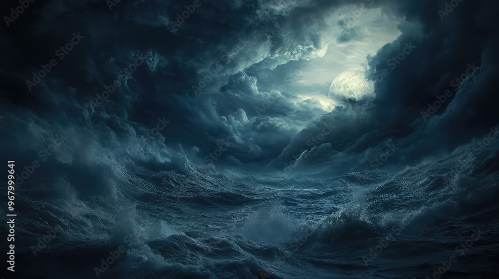 Fototapeta premium The sea churns violently under a storm-filled sky, with dark clouds swirling and obscuring the moonlight, a realistic and detailed shot of a stormy midnight sea
