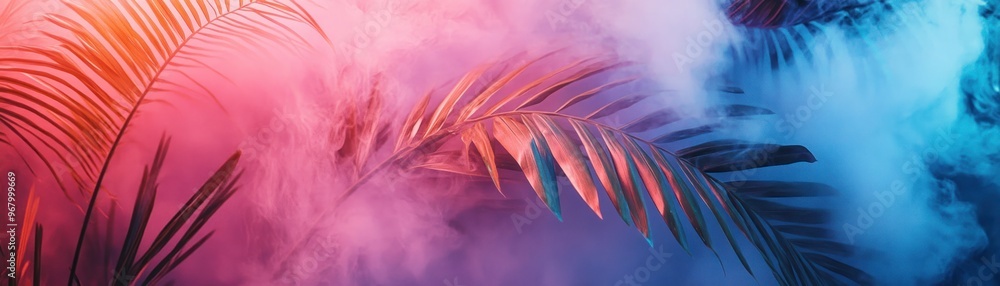Obraz premium Palm Leaves Silhouetted Against Pink and Blue Smoke