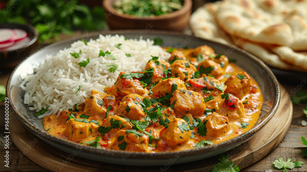 Appetizing Indian chicken curry dish served with white rice and naan bread, garnished with fresh herbs and spices, Generative AI Appetizing Indian chicken curry dish served with white rice and naan bread, garnished with fresh herbs and spices, Generative AI