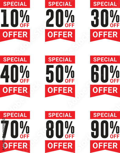 Discount badges or sale offer 50, 40, percent off badge. price tag design template vector