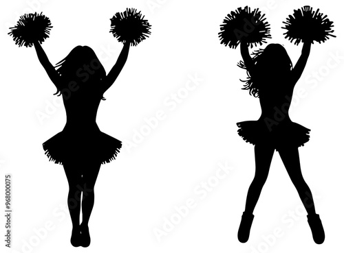 Silhouette set of cheerleaders in black, isolated 