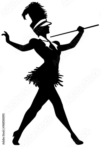Silhouette of a marching band majorette with baton, isolated 