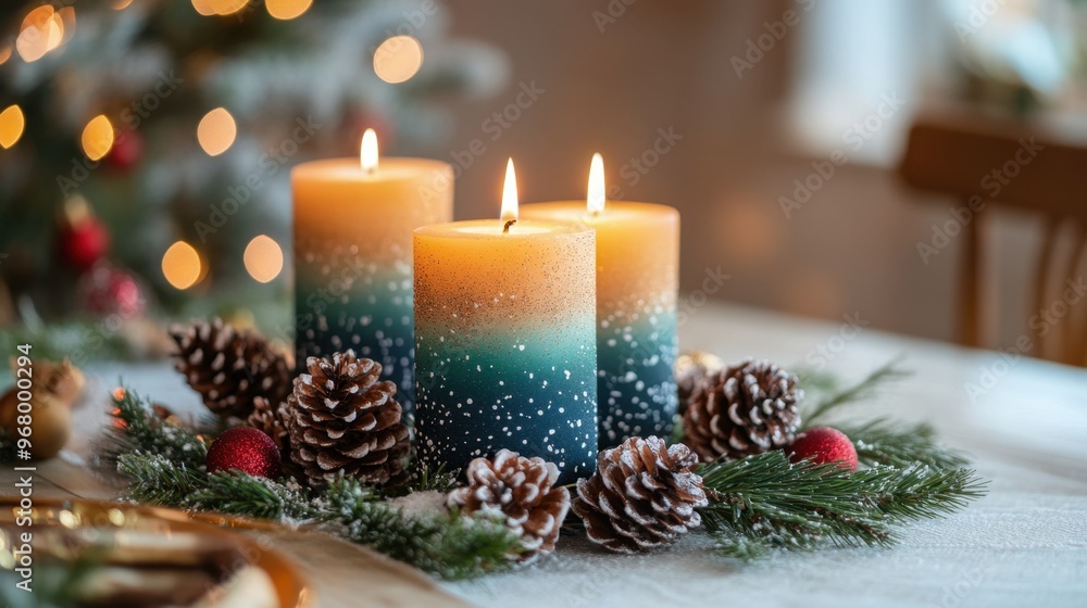 festive table decor with diy centerpiece and hand-painted candles, showcasing a handmade christmas aesthetic in a concept banner mockup festive table decor with diy centerpiece and hand-painted candles, showcasing a handmade christmas aesthetic in a concept banner mockup