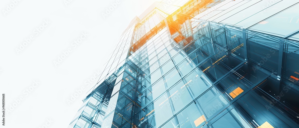 Obraz premium Modern building with glass facade reflecting sunlight, showcasing innovative architecture in a bright urban environment.