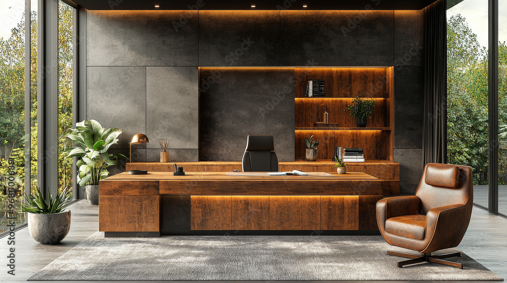 Modern office with large desk and comfortable chair. Modern office with large desk and comfortable chair.