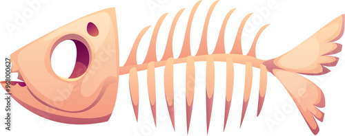 Cartoon fish bone, featuring the rib cage, spine, and head with empty eye sockets. Isolated vector sea animal skeleton stripped of flesh. Skeletal structure with attached skull, tail and fin supports