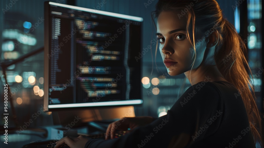 Professional woman engaged in unit testing code in a modern corporate office environment Professional woman engaged in unit testing code in a modern corporate office environment
