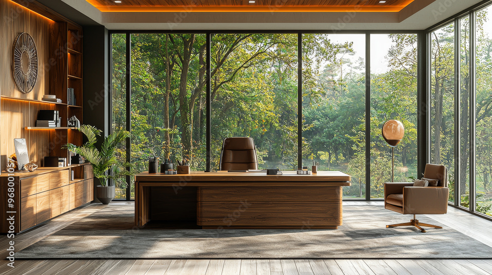 Spacious office with large windows overlooking a lush green forest. Spacious office with large windows overlooking a lush green forest.
