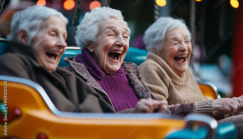 A group of joyful elderly friends enjoys a thrilling roller coaster ride at an amusement park. Generative AI. A group of joyful elderly friends enjoys a thrilling roller coaster ride at an amusement park. Generative AI.