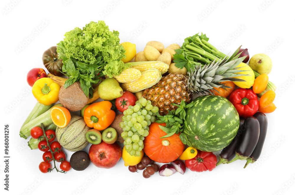 Different fresh fruits and vegetables isolated on white, top view Different fresh fruits and vegetables isolated on white, top view