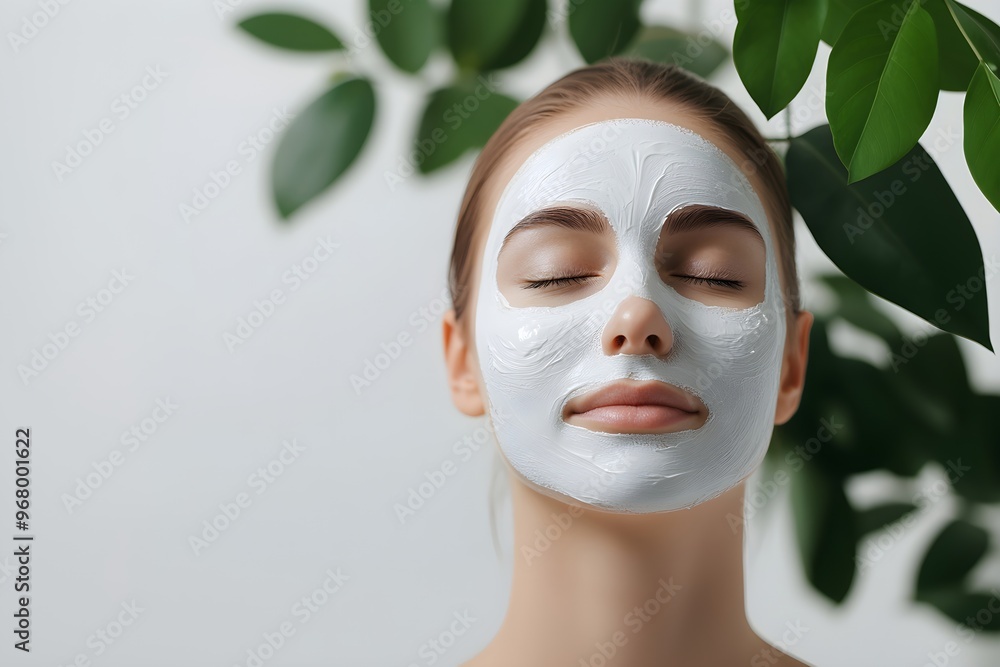 Woman with white clay facial mask on leaf background. Skincare and spa treatment concept. Beauty and wellness. Natural cosmetic products and eco-friendly lifestyle. Portrait with copy space Woman with white clay facial mask on leaf background. Skincare and spa treatment concept. Beauty and wellness. Natural cosmetic products and eco-friendly lifestyle. Portrait with copy space