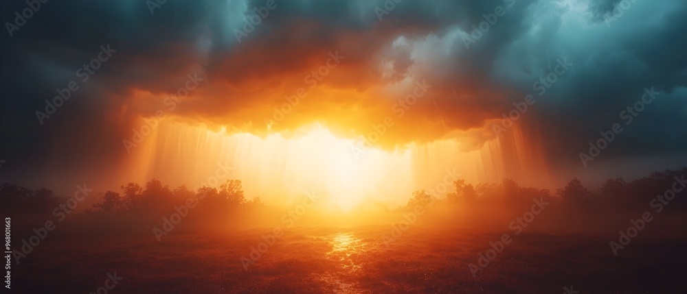 Fototapeta premium Dramatic sunset backdrop with a line of thunderstorms on the horizon creating a powerful contrast of light and dark in the moody turbulent sky landscape with vibrant