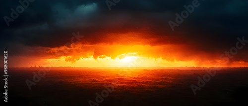 Dramatic sunset with thunderstorm clouds on the horizon creating a contrast of light and dark in a landscape scene with copy space for text overlay