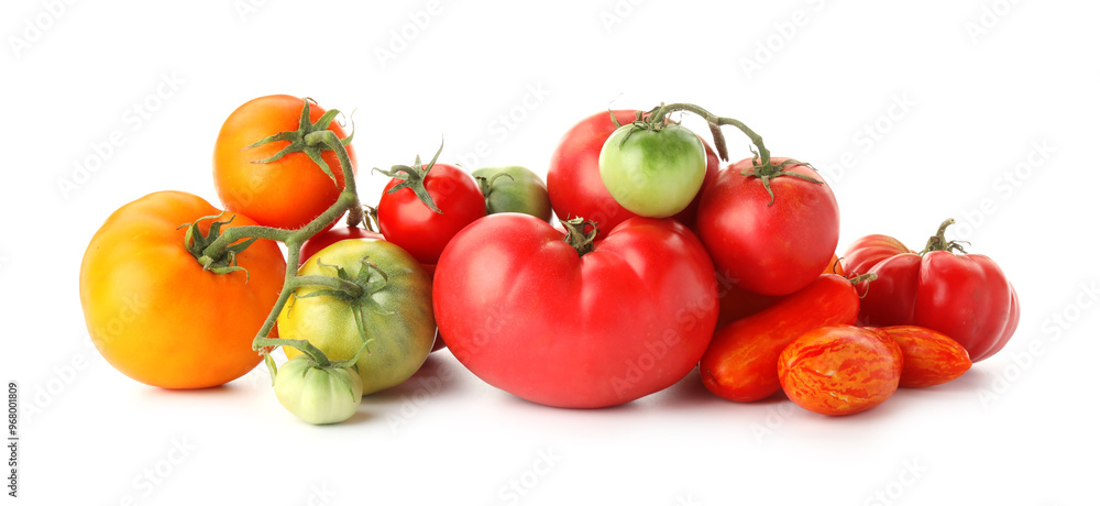 Different sorts of fresh ripe tomatoes isolated on white Different sorts of fresh ripe tomatoes isolated on white