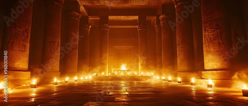 Eerie Otherworldly Egyptian Temple Hallway Bathed in Mystical Candlelight   An ancient Egyptian temple interior illuminated by flickering candles and shadows creating an atmospheric photo